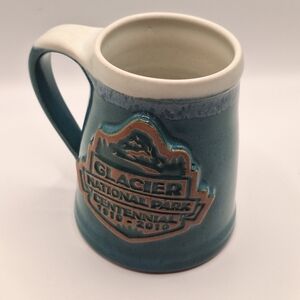 Glacier National Park Centennial Ceramic Mug - Teal and Cream.  12oz. Height 4.5
